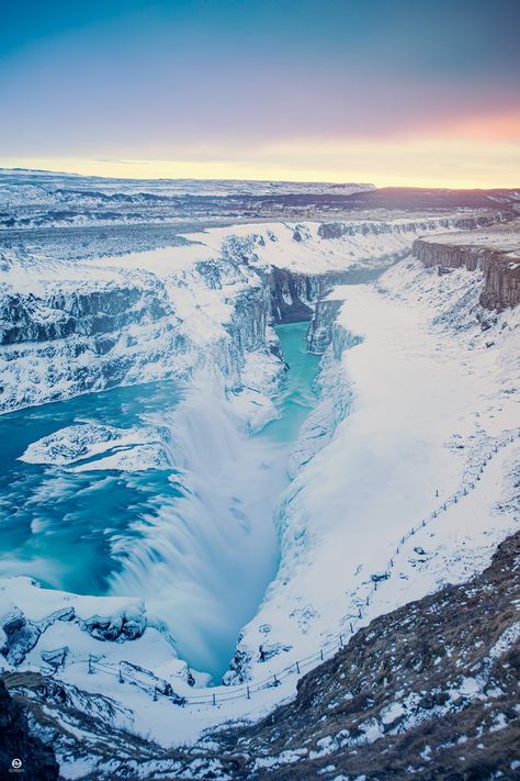 Gullfoss Waterfall Iceland, Ice Land Aesthetic, Winter In Iceland, Winter Iceland, Natural Hot Spring, Iceland In Winter, Land Of Fire And Ice, Gullfoss Waterfall, Iceland Winter