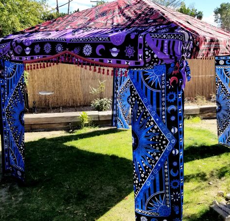 "Medieval Tent Vendor Tent/Event Tent IN STOCK *Fits a Standard 10x10 Pop Up Canopy- Max Height of 9ft  *Created with Mostly Cotton Fabric  *Decorative cover only that goes over the existing cover of a 10x10 pop up  *Cover is approx 148-150\" by 148-150\" **Not Fireproof, Not Waterproof- Meant for temporary decorative use Renaissance Tent Tarot Reader Tent Palm Reader Tent Astrologer  Halloween Parties/Events Colors: Purple, Red , Blue Fits a 10 x 10 standard Pop up Canopy.This canopy cover uses Sun/Moon cotton fabric.. Canopy is framed in Red/Gold tassels in the front and back Its very simple to set up The fabric corners are tied with elastic which keeps the cover in place while allowing for fabric adjustment." Vendor Tent, Tent Festival, Medieval Tent, Festival Tent, Halloween Party Events, Tent Event, Palm Reader, Tent Decorations, Tarot Reader