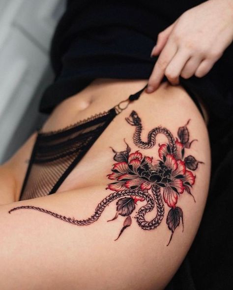 Snake Skeleton, Thigh Tat, 16 Tattoo, Private Tattoos, Tattoo Design Tattoo, Tattoos To Cover Scars, Snake Tattoo Design, Skeleton Tattoos, Hip Tattoos Women