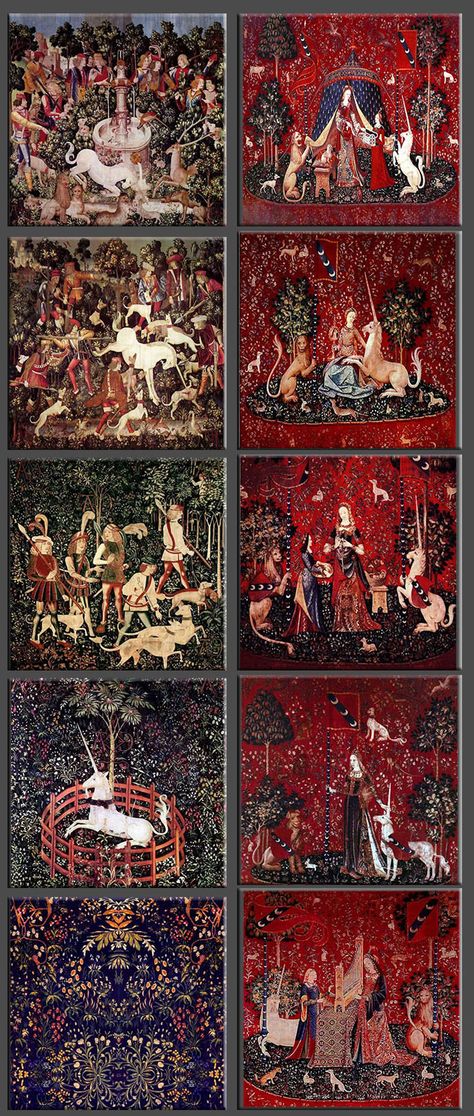 Unicorn Tapestry Tiles, Hunt for the Unicorn and Lady and the Unicorn tile sets.  The William Morris Tile adaptations of the Hunt for the Unicorn and Lady and the Unicorn are registered with the US Copyright office. You are free to use them for non-commercial purposes. Medieval Unicorn, Lady And The Unicorn, Unicorn Tapestry, Unicorn Tapestries, Egiptul Antic, Medieval Aesthetic, Medieval Tapestry, Last Unicorn, The Last Unicorn