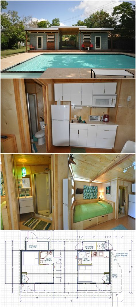 14x14 Modern Dwelling Double Tiny House with Breezeway by Kanga Room Systems - We have another incredible tiny house by Kanga Room Systems to share with you and you’re going to love what these owners did with their 14x14 kits. This tiny house consists of two 14x14 kits that are connected by a breezeway overlooking a huge pool for a tropical setting. The exterior of the home was painted a pale blue color with wood accents and white trim which looks great against the sparkling pool. Tiny House Pool Cabana, Tiny Homes Connected By Breezeway, Breezeway House Plans, Tiny Home With Pool, Two Tiny Houses Connected, Double Tiny House, House With Breezeway, Backyard Shade Ideas, Airbnb Cabins