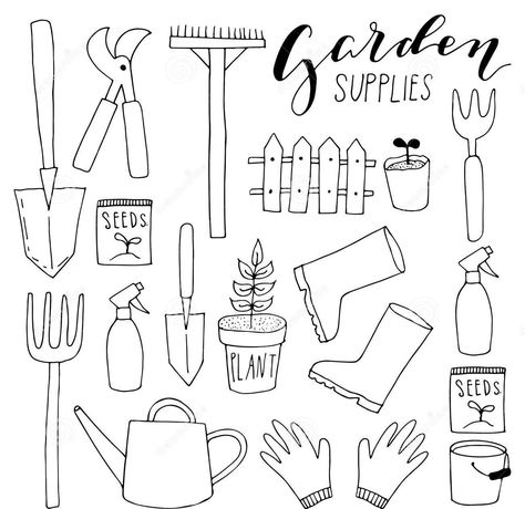 Garden Supplies Garden Doodles Easy, Gardening Doodles, Garden Drawing Simple, Garden Doodles, Spring Doodles, Garden Drawing, Book Illustration Art, Veggie Garden, Simple Doodles