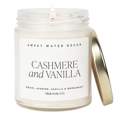 Amazon.com: Sweet Water Decor Cashmere and Vanilla Soy Candle | Milky Coconut, Frangipani, and Soft Cashmere Scented Candles for Home | 9oz Clear Jar + Gold Lid, 40+ Hour Burn Time, Made in the USA : Home & Kitchen Water Decor, Sweet Water, Clear Jars, Soy Candle, Made In The Usa, Soy Candles, Compass, Scented Candles, Vanilla