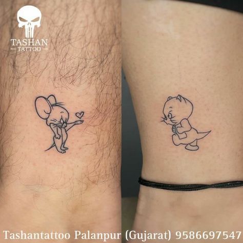 Small Tom And Jerry Tattoo, Cute Small Couples Tattoo, Partner Matching Tattoos, Small Tattoo For Couples, Matching But Different Tattoos Couples, Subtle Matching Tattoos Couples, Couple Small Tattoo Ideas, Matching Small Tattoos Couples, Opposites Attract Tattoo