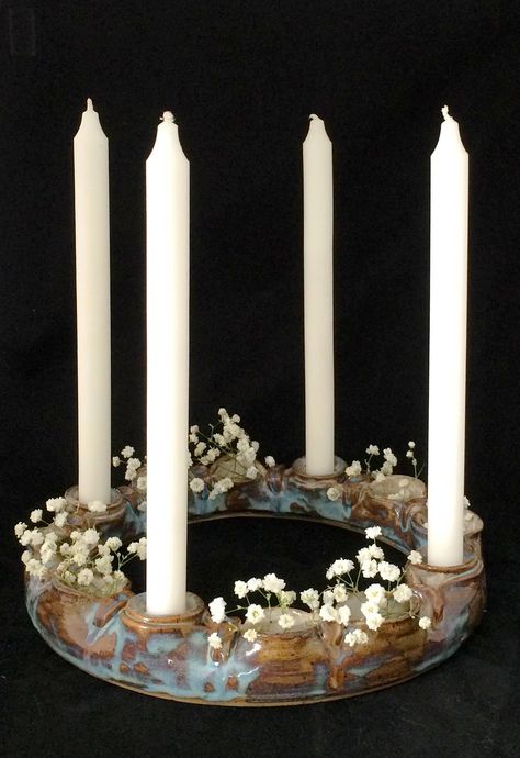 Pottery Wreath, Advent Wreath. KarenFisherPottery.com Pottery Advent Candle Holder, Pottery Advent Wreath, Clay Advent Wreath, Ceramic Advent Candle Holder, Ceramic Advent Wreath, Pottery Wreath, Wreath Advent, Swedish Candle, Advent Candle Holder