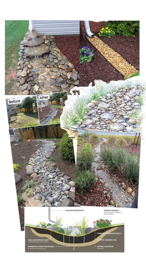 Ideas for gutter drainage Creek Bed For Drainage, Dry Creek Bed For Drainage, Gutter Drainage Ideas, Drainage Ideas, Gutter Drainage, Dry Creek Bed, Creek Bed, Dry Creek, Drain