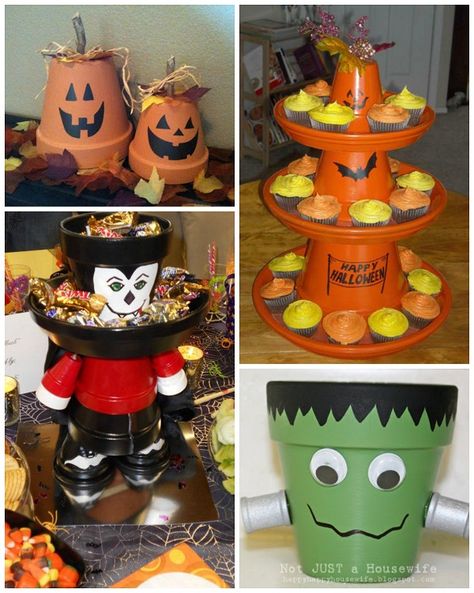 I rounded up my favorite Halloween crafts made from terracotta flower pots! They are adorable! Get the tutorial by clicking on the link below the photo. Flower Pot Mummy  Clay Pot Spider Vampire Flower Pot Candy Dish (via Pinterest) Zombie Planted Hands Halloween Candy Jar Frankenstein Got Treats Pot Terracotta Pot Scarecrow Flower Pot Bat … Halloween Candy Jar, Diy Halloween Party, Clay Pot Projects, Flower Pot People, Halloween Clay, Terra Cotta Pot Crafts, Terracotta Flower Pots, Halloween Flowers, Clay Flower Pots