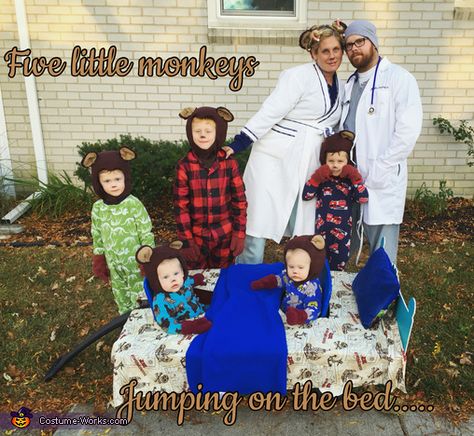 Julie: This is our family of five boys with two sets of twins! I wanted a themed family costume that we could all be included in. My kids love the board... Two Sets Of Twins, Monkey Halloween Costume, Bed Family, Monkeys Jumping On The Bed, 5 Little Monkeys, 2015 Halloween Costumes, Jumping On The Bed, Book Character Day, Monkey Jump