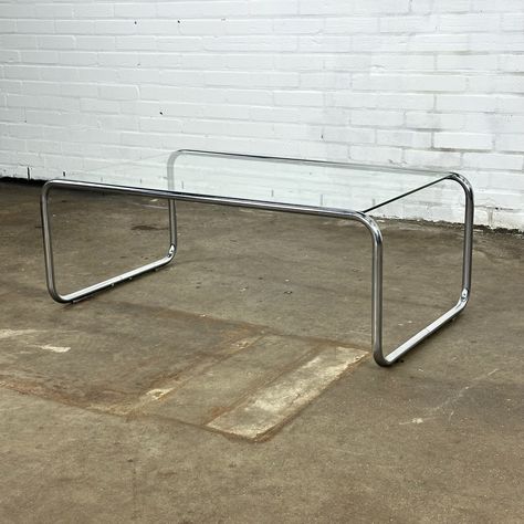 Listed on VNTG.com: Vintage tubular frame Bauhaus coffee table | #vntg #vintage Vintage Glass Coffee Table, Bauhaus Coffee Table, Stainless Furniture, 90s Furniture, Bauhaus Table, Apartment Shopping, Chrome Coffee Table, 90s Interior, Bauhaus Furniture