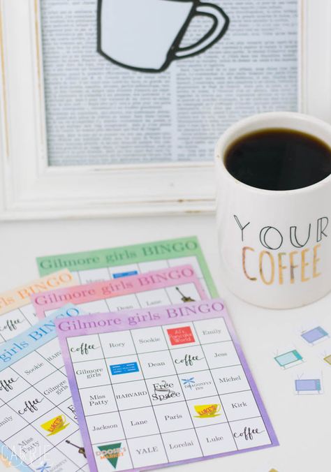 Get ready for the Gilmore Girls revival on Netflix with this fun printable Gilmore Girls bingo - and be sure to grab the coffee printable, too! Gilmore Girls Games, Luke's Coffee, Gilmore Girls Dean, Gilmore Girls Coffee, Emily Gilmore, Coffee Printable, Coffee Printables, The Gilmore, Bingo Games