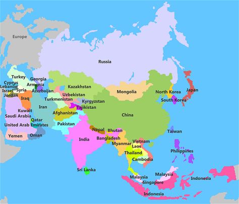 Map of Asia.  Former name of Thailand was Siam, former name of Myanmar was Burma, former name of Sri Lanka was Ceylon.  The old and new names match up if you put both in alphabetical order. Peta Asia, Map Of Asia, Philippines Beaches, Asia Continent, Countries And Flags, World Map Decor, Asia Map, Travel Words, Menu Food