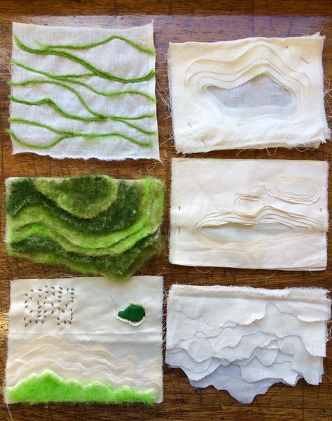 I have been doing some layering with fabric that are inspired by landscapes, with felting and embroidery to add colours by Stella W. Y. Leung #jewellery #contemporaryjewellery #jewellerydesign #crafts #textilesjewellery #fabricjewellery #design #uca #fabricmanipulation #fabric #textilescraft #TodayImMaking #metal #smocking #pleats #leather #textiles #layering #felt #embroidery #green #landscape #earth Layered Fabric Embroidery, Layering Textiles, Earth Embroidery, Fabric Layering, Summer Sketchbook, Fashion Folio, Earth Texture, Advanced Higher Art, Embroidery Green