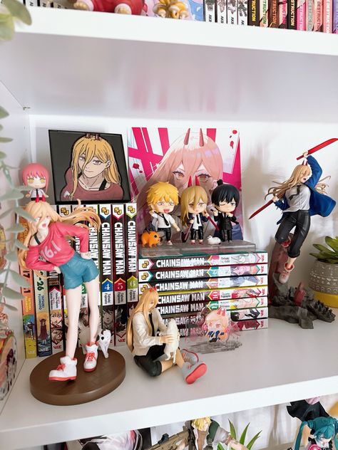 Manga Collection Shelf Aesthetic, Small Manga Shelf, Csm Power Manga, Manga Collection Shelf, Anime Shelf Ideas, Manga Collection Room Aesthetic, Manga Bookshelf Aesthetic, Manga Shelf Aesthetic, Manga Shelf Ideas