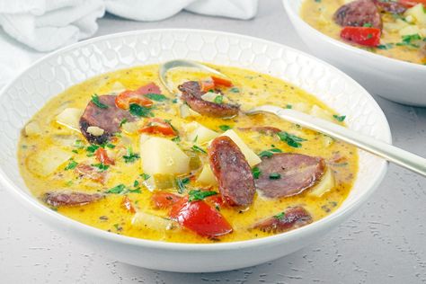 This Easy One-Pot Cajun Potato Soup Will Heat Up Any Chilly Night Cajun Potato Salad Recipe, Cajun Potato Soup, Cajun Potato Salad, Soup Tiktok, Cajun Potatoes, Potato Salad Recipe, Andouille Sausage, Andouille, Creamy Soup