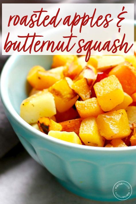 This easy roasted butternut squash and apple recipe is a simple, slightly sweet fall side dish the entire family will love! This kid-friendly recipe is made on one sheet pan and ready in minutes. #veganrecipes #apples #healthyrecipes Butternut Squash And Apples, Oven Roasted Butternut Squash, Butternut Squash Cinnamon, Butternut Squash Apple, Baked Butternut Squash, Apples Cinnamon, Roasted Apples, Apple Recipe, Apple Barrel