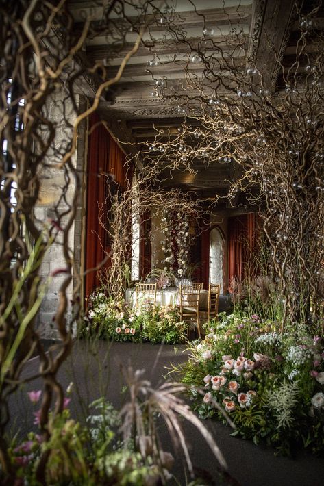 Curly Willow Installation, Woodland Floral Installation, Tree Installation Wedding, Willow Tree Decor, Thomas Alexander, White Astilbe, Curly Willow Branches, Tree Installation, Leeds Castle