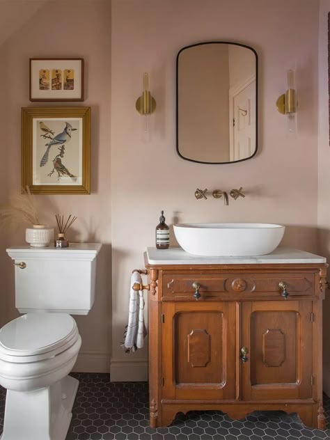 Dresser Vanity Bathroom, 1920s House, Prince Edward County, Camera Car, Bathroom Paint, Cottage Bathroom, Bedroom Renovation, Pink Bathroom, Downstairs Bathroom