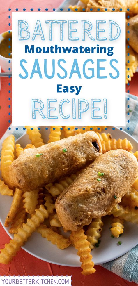 Try our deep-fried battered sausages recipe. If you like corndogs, you'll love battered sausages even more. Our recipe is so awesome because the coating stays crispy long after you fry. Battered Hot Dogs, Sausages Meals, Battered Bacon, Battered Sausage, Sausages Recipe, Fish Batter Recipe, Easy Comfort Food Dinners, Food Dinners, Sausage Bread