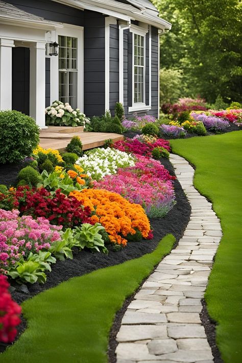 Contemporary front yard design featuring curved flagstone pathway bordered by orange marigolds, pink dianthus, white flowering plants, and hostas against navy blue house with white trim, showcasing professional black mulch edging and manicured lawn Landscaping Features, Beautiful Flower Beds, Traditional Landscaping, Colorful Flower Beds, Front Of House Ideas, Front Flower Beds, Modern Front Yard, Flower Bed Designs, Flower Bed Ideas