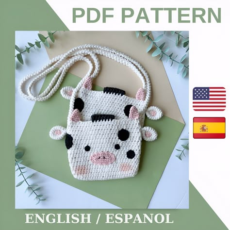 * Crochet Cow Bag Pattern Pdf tutorials.  * This is a digital PDF file.  * Kids bag making instructions. ATTENTION! This is the downloadable pdf only, not finished item! ABOUT THE PATTERN This easy-to-follow pattern includes one PDF file with detailed instructions on how to crochet and assemble all the parts to make a bag. Only basic crocheting and knitting skills will be needed. Includes 1 PDF file, 10 pages. LANGUAGES : English (US term) / Spanish (Espanol) SIZE : The finished bag measures abo Crochet Cow Backpack, Crochet Project Free, Cow Crochet, Bag Crochet Pattern, Cute Amigurumi, Crochet Christmas Gifts, Free Crochet Bag, Kids Bag, Crochet Cow