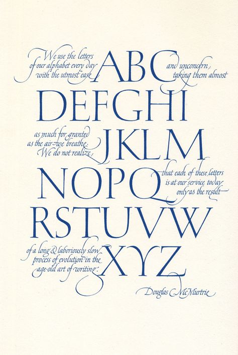 Hermann Zapf, detail of calligraphic broadside with quotation by Douglas C. McMurtrie, 1959. Produced by About Alphabets, 1960. Via eyeondesign.aiga Hermann Zapf, Calligraphy Writing Styles, Calligraphy Script Fonts, Calligraphy I, Calligraphy Words, How To Write Calligraphy, Hand Lettering Alphabet, Calligraphy Handwriting, Lettering Alphabet Fonts