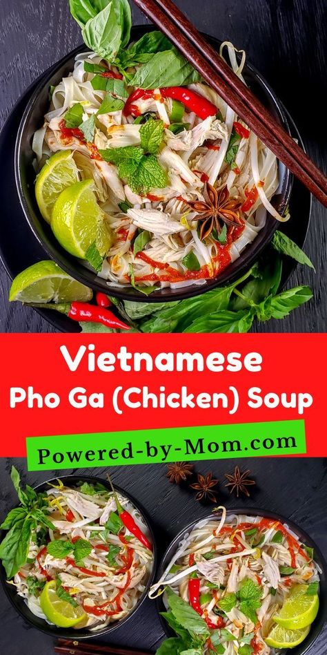 Enjoy this Pho Ga Recipe (Vietnamese Chicken Noodle Soup) which is all about the flavourful broth. This Chicken Pho is not a starter soup, it is a meal. Add the toppings to enhance the flavour of the… Easy Chicken Pho, Pho Ga Recipe, Healthy Chicken Noodle Soup, Vietnamese Recipe, Pho Ga, Cultural Recipes, Clean Eating Chicken Recipes, Vietnamese Chicken, Chicken Pho