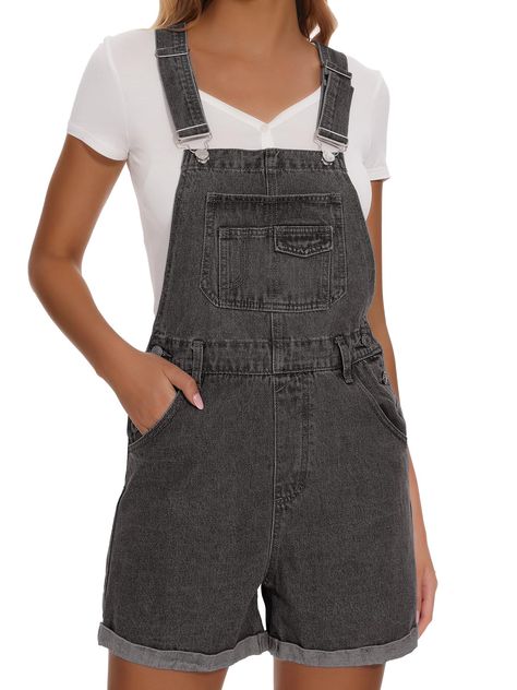 PRICES MAY VARY. Women's denim overall shorts feature buckle adjustable straps, side button closures and frayed hem. A bib pocket and functional pockets on the sides and back. It's convenient for you to carry small things This jean romper looks cute to pair with t shirt or causal crop tops. Comfortable and soft fabric. Women's Shorts Denim Overalls, Adjustable straps , With pockets, Cuffed hem, Cross back design. The versatile women's denim overalls is low-key yet chic. It is an ideal choice for Europe Clothes, Womens Denim Overalls, Denim Shortalls, Denim Overall Shorts, Jean Romper, Overalls Shorts, Denim Overalls Shorts, Jeans Overalls, Shorts Romper