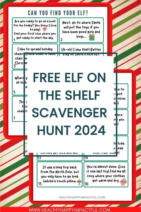 Free Elf on the Shelf Scavenger Hunt 2024 instructions on a festive candy cane stripe background. Elf Treasure Hunt Clues, Elf On The Shelf Pun Ideas, Elf Scavenger Hunt Ideas, Elf Hide And Seek Clues, Elf On The Shelf Arrival Scavenger Hunt, Elf Arrival Scavenger Hunt, Elf Challenges For Kids, Elf On The Shelf Scavenger Hunt Clues, Elf Scavenger Hunt Printable Free