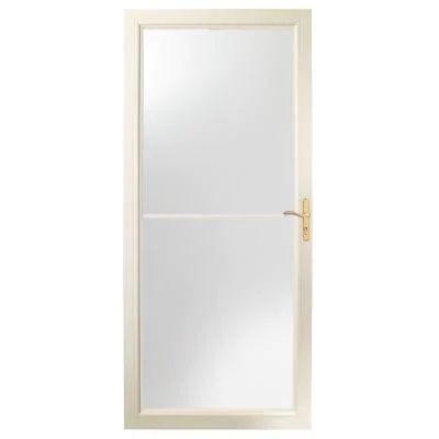 2500 Series 36 in. x 80 in. Universal Full-View Almond Self-Storing Aluminum Storm Door with Brass Hardware Double Storm Doors, Interior Door Installation, Aluminum Storm Doors, Glass Storm Doors, Oil Rubbed Bronze Hardware, Storm Doors, Door Sweep, Retractable Screen, Swinging Doors