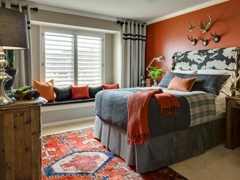 It is never easy to go from a child's bedroom decor to a teenager's den, but this room is perfect. The orange and grey giving a young modern feel with plenty of textures for warmth so they will never want to get out of bed. The products to get the look in your home https://www.fabricsandpapers.com/burnt-orange-and-grey-bedroom-ideas #BoysRoom #BedroomDecor #FamilyHome Cool Boys Bedroom Ideas, Boy Room Paint, Cool Bedrooms For Boys, Gray Bedroom Walls, Hunting Theme, Teenage Boy Room, Boys Room Design, Bedroom Traditional