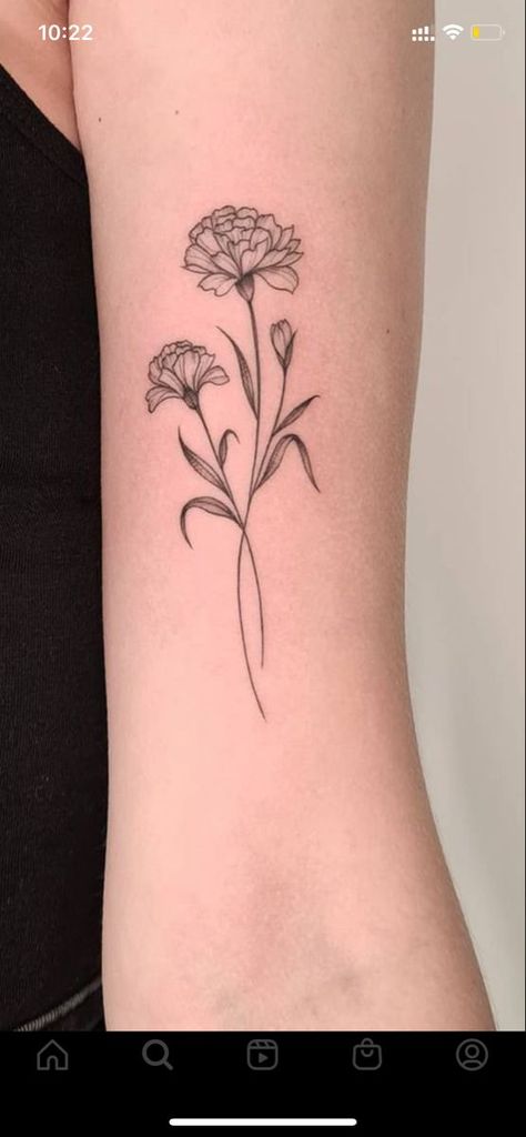 Cute Marigold Tattoo, Carnation Flower Tattoo Hand, Birth Flower Tattoos Carnation, Marigold And Snowdrop Tattoo, Marigold Drawing Tattoo Ideas, Marigold Fineline Tattoo, Carnation Line Art Tattoo, Carnation Flower Stencil, Marigold Tattoo With Name