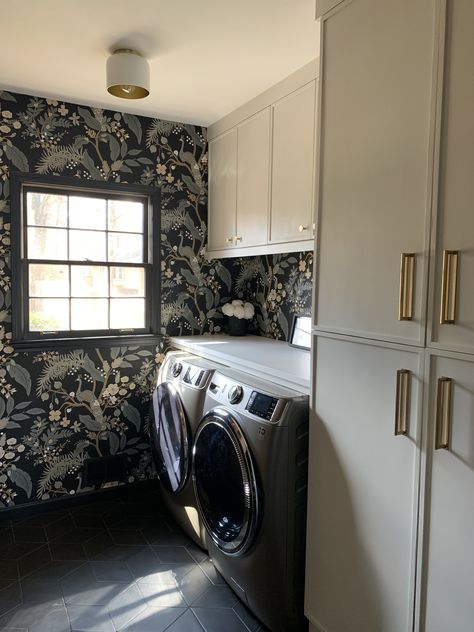 Laundry Room With Black Door, Black Wallpaper Laundry Room, Moody Laundry Room Wallpaper, Dark And Moody Laundry Room, Laundry Room Moody, Laundry Room With Black Washer And Dryer, Dark Moody Laundry Room, Dark Laundry Room Ideas, Moody Laundry Room Ideas