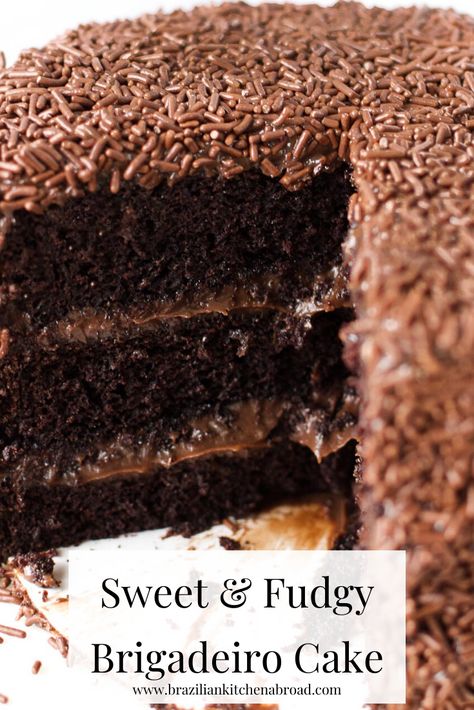 Brigadeiro cake is the quintessential Brazilian birthday cake, and if you ask any Brazilian, we'll say this is the one chocolate cake to rule all others! This Brigadeiro cake recipe makes three layers of moist, tender crumb, super chocolaty cake and a smooth, ooey-gooey fudgy brigadeiro frosting and filling, that you can decorate with ALL. THE. SPRINKLES! Brazilian Cake Recipes, Brigadeiro Cake Filling, Brazilian Chocolate Cake, Vegan Brigadeiro Recipe, Brigadeiro Cake Recipe, Brigadiero Recipes, Brigadeiro Recipe Cake, Brazilian Cake, Brazilian Recipes Dessert