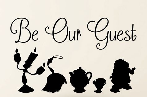 Disney Beauty and the Beast Be our Guest Beauty and the Beast wall Decal  Quote and Silhouette  Vinyl Wall Decal Art by TannersCreekDesigns on Etsy https://www.etsy.com/listing/218208395/disney-beauty-and-the-beast-be-our-guest Fera Disney, Silhouette Disney, Deco Disney, Disney Silhouette, Disney Silhouettes, Beauty And The Beast Party, Disney Rooms, 디즈니 캐릭터, Images Disney