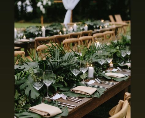 Green Plants Table Setting, Green Plant Wedding Theme, Tropical Plant Centerpieces, Tropical Foliage Wedding, Tropical Forest Wedding Theme, Tropical Aesthetic Wedding, Lush Green Wedding Decor, Boho Jungle Wedding, Hawaiian Wedding Table Decor