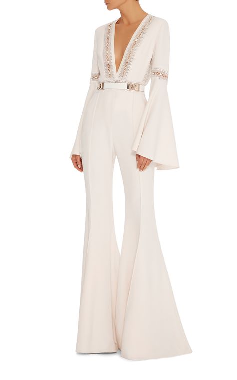 Elie Saab -- Flared Jumpsuit With Deep V-Neck With Lace Trim Plunge Jumpsuit, Jumpsuit Lace, Flared Jumpsuit, Romper Long Pants, Noble Lady, Elegante Y Chic, Bridal Jumpsuit, Wedding Jumpsuit, Flare Jumpsuit