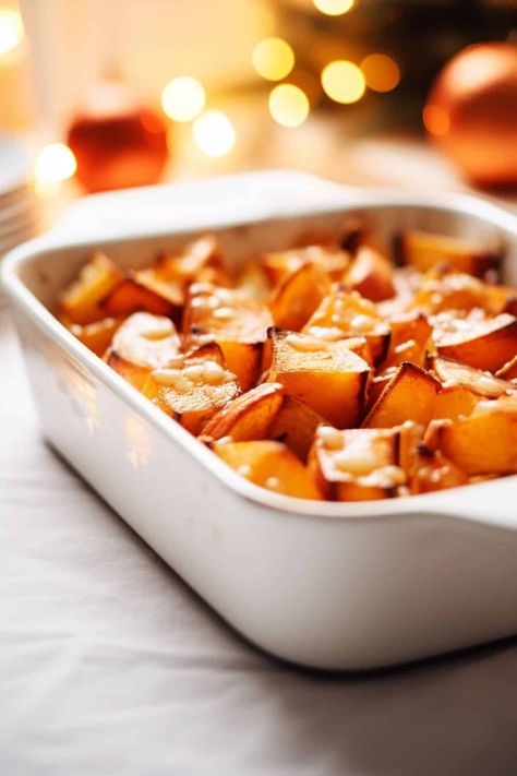 A baking dish filled with a vibrant mixture of diced sweet potatoes and Granny Smith apples, all coated in a glossy maple cinnamon glaze, baked to perfection. Healthy Pumpkin Pie Bars, Diced Sweet Potatoes, Sweet Potatoes And Apples, Potatoes And Apples, Thanksgiving Dinner Ideas, Cold Weather Comfort Food, Potluck Side Dishes, Apple Dishes, Autumn Side Dishes