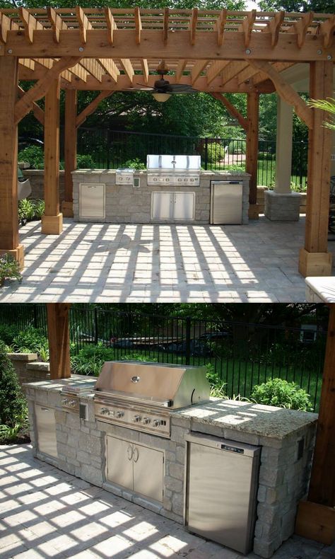 Outdoor kitchen under a pergola on a sunny day.  Looks like Heaven on earth. Backyard Grilling Area, Simple Outdoor Kitchen, Dining Table Ideas, Small Outdoor Kitchens, Outdoor Grill Station, Outdoor Kitchen Plans, Patio Pergola, Outdoor Bbq Kitchen, Outdoor Kitchen Patio