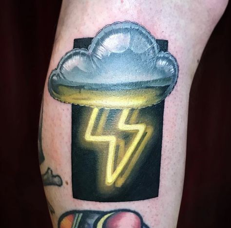 Incredible cloud balloon with neon lightning done by @joshpeacock_obe | www.otziapp.com Blitz Tattoo, Micro Realism, Neon Tattoo, Lightning Tattoo, Kunst Tattoos, Light Tattoo, Wicked Tattoos, Tatuaje A Color, New School Tattoo