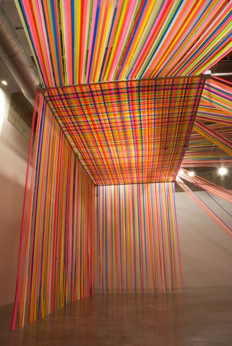 Megan Geckler - flagging tape installation Weave Installation, Blitz Design, Tape Installation, Textil Design, 카페 인테리어 디자인, Tape Art, Ribbon Art, Art Installation, Sculpture Installation