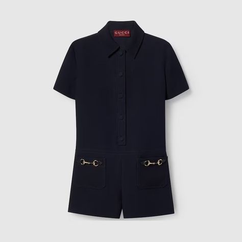 Wool silk jumpsuit with Horsebit in dark blue | GUCCI® FR Gucci Store, Gucci Shop, Silk Jumpsuit, Guccio Gucci, Airport Fashion, Mini Dresses For Women, Airport Style, Dress P, Silk Dress