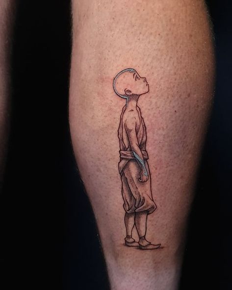 Aang from Avatar the last airbender done by @aliid_a | Instagram Avatar Uncle Iroh Tattoo, Avatar The Last Air Bender Tattoo Ideas, Avatar State Tattoo, Avatar Aang Tattoos, Atla Tattoo The Last Airbender, Avatar The Last Airbender Tattoo Ideas, Atla Tattoo Design, Uncle Iroh Tattoo, Aang Tattoo