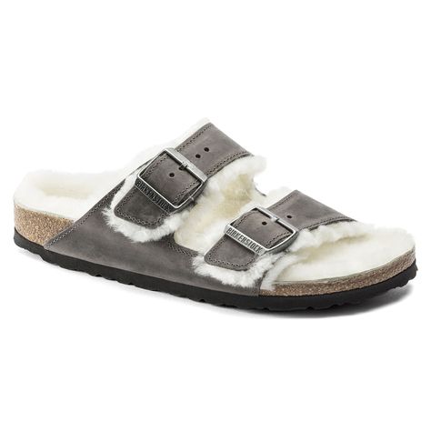 Arizona Shearling Oiled Leather Iron | shop online at BIRKENSTOCK Shearling Sandals, Birkenstock Styles, Birkenstock Men, Birkenstock Brown, Two Strap Sandals, Birkenstock Sandals Arizona, Calf Muscles, Birkenstock Sandals, Buckle Shoes