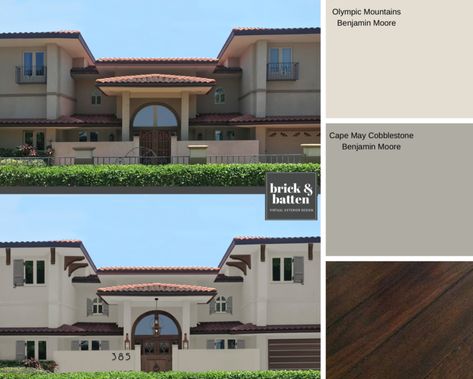 Mediterranean Exterior Paint Colors, Mediterranean Home Exterior, Exterior Color Palettes, Mediterranean Homes Interior, Home Exterior Paint, House Paints, Mediterranean Homes Exterior, Exterior Color Palette, Mediterranean Exterior