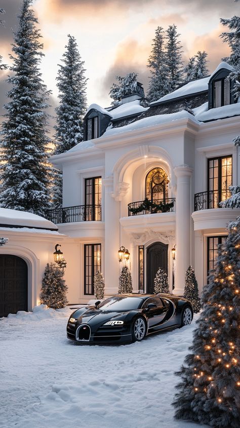 🏡✨ Dreaming of winter wonderlands? Check out this stunning panoramic view of a massive white mansion with a sleek black roof! 🖤🌨️ With two luxury black Bugattis tucked away in the garage, this home is the epitome of elegance and style. The picturesque snowy floor sets the scene, while towering pine trees stand majestically, adorned with twinkling lights 🌲💡. The classic ornamental black stone ha... Mansion Facade, Shifting Places, Winter Mansion, Wax Wings, Living Room Designs Classic, Winter House Exterior, White Mansion, Neoclassical Design, Snow House