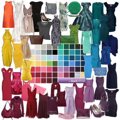 "Deep Winter" by nyrvelli on Polyvore - Not sure how that orange in the upper left ended up in there, but the rest is good. Winter Color Palette Outfits, Deep Winter Color Palette, Deep Winter Palette Outfits, Color Analysis Winter, Polyvore Winter, Deep Winter Palette, Deep Winter Colors, Winter Color Palette, Winter Typ