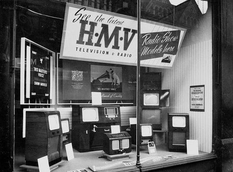 Window Display at HMV Record Stores in the 1950s. | Bazooka Joe Manchester Library, Candy Stores, Tv Store, Store Window Displays, Island Pictures, Tv Display, Tv Shopping, Shop Fronts, Store Window