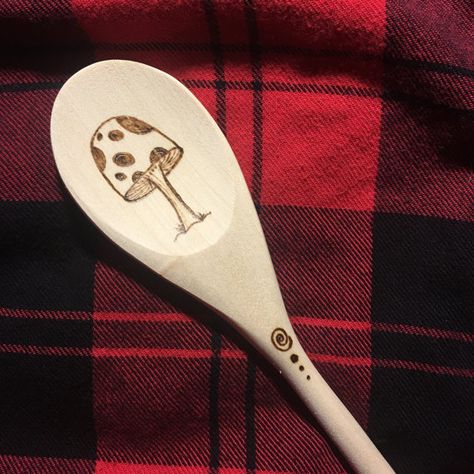 Hand Wood-burned mushroom spoon, free shipping made to order customized personalized wood spoon Mushroom Spoon, Wood Burned Spoons, Wood Burn Spoons, Little Mushroom, Wood Spoon, Just Leave, Wood Glass, Cool Ideas, Wood Burning