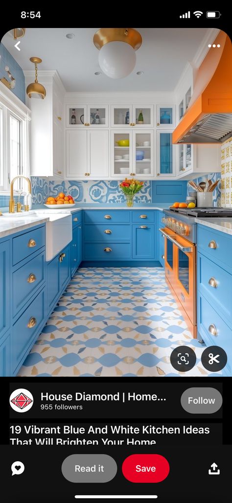 Blue Kitchen, Reno Ideas, Blue Kitchens, Blue And Orange, Architectural Elements, Inspiration Board, White Kitchen, Reno, Eye Candy