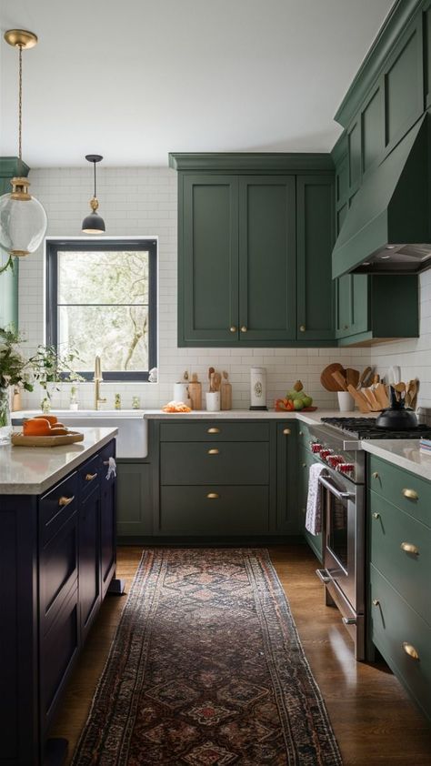 Painted Kitchen Before And After, Forestwood Green Cabinets, Sage Green And Navy Kitchen, Green Paint For Kitchen Cabinets, Deep Green Kitchen Cabinets, Emerald Green Cabinets Kitchen, Hunter Green Kitchen Cabinets, Dark Green Kitchen Walls, Green Lower Cabinets White Upper